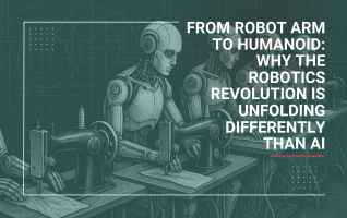 A row of humanoid robots operating sewing machines