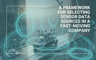 A futuristic environment with a self driving vehicle and a satellite above a city with skyscrapers. The vehicle is equipped with all kinds of sensors.